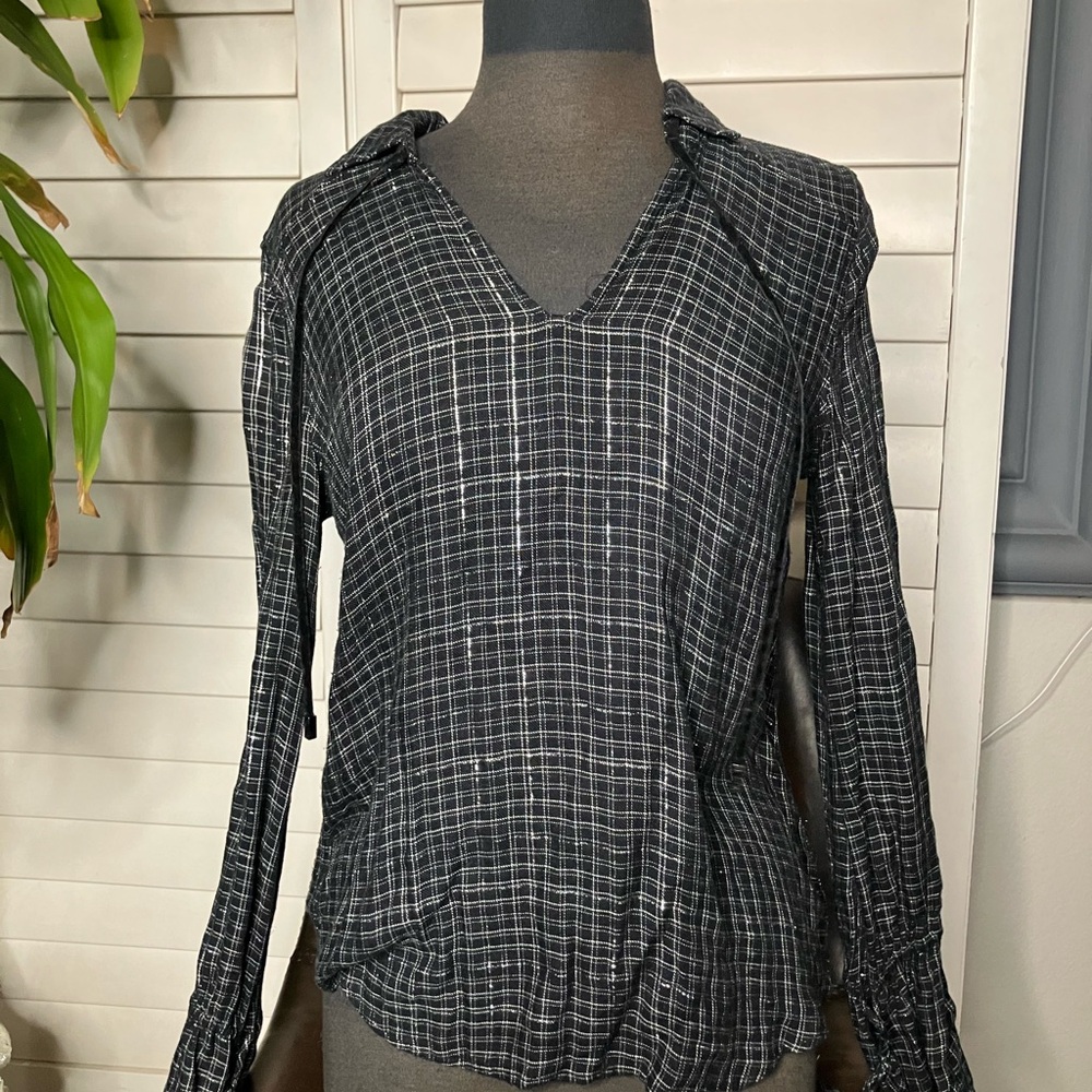 PAIGE Black and White Checkered V-Neck Blouse